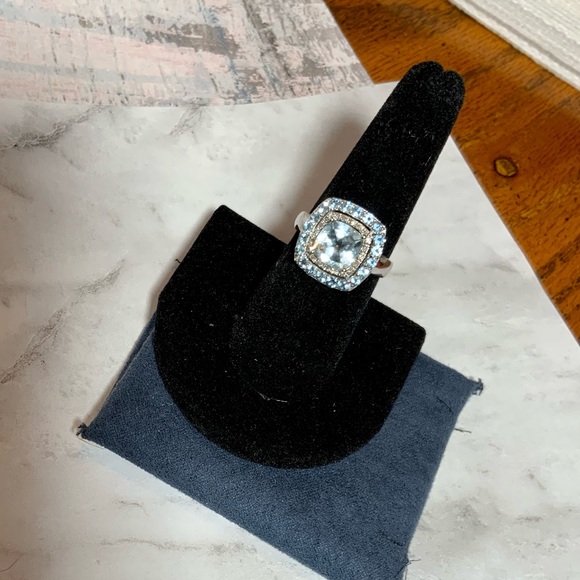Stunning 10K Cushion-Cut Swiss Blue Topaz & Diamond Ring - Double Halo - Sz 6.75 - Picture 13 of 16